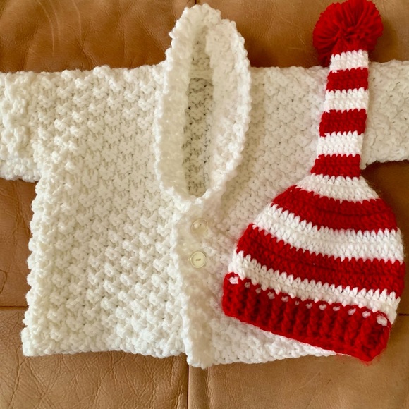 Girls Red & White Striped Stocking Hat & White Cardigan - Picture 3 of 4